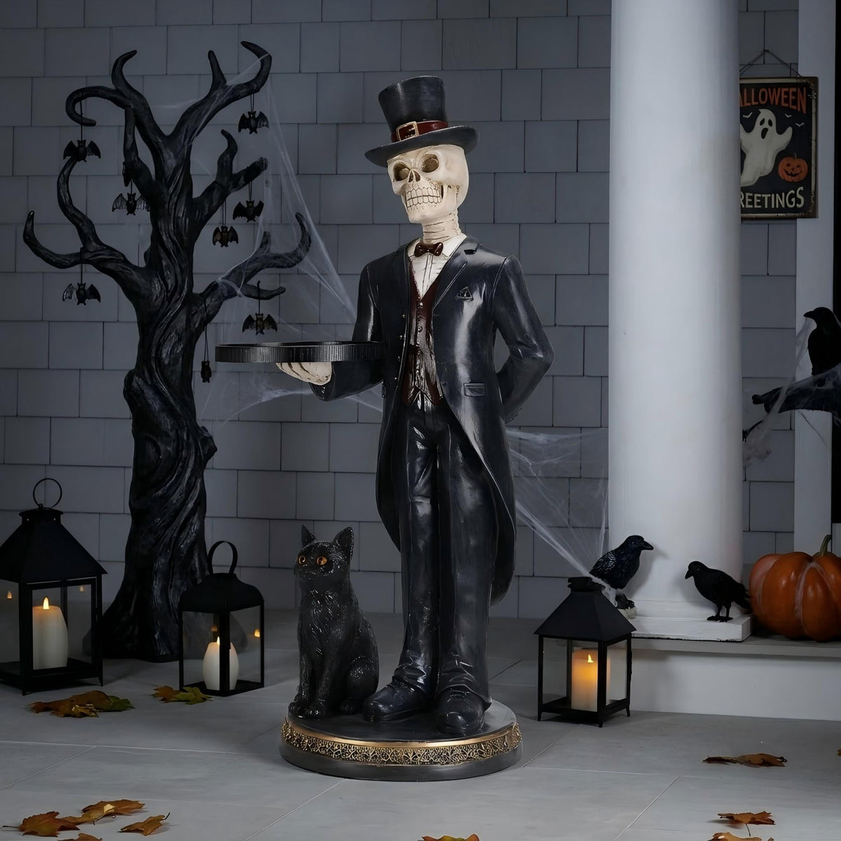 Aukfa Halloween Skeleton Butler Floor Statue with Serving Tray and Black Cat, Gothic Skeleton Decor for Entryway, Party and Home Decoration