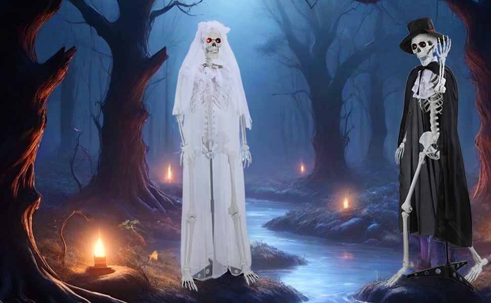 Floseru Halloween Skeleton Bride and Groom, Life Size 65 Inch Couple Set with Sound and Light Effects, Poseable Joints, for Spooky Party Decoration
