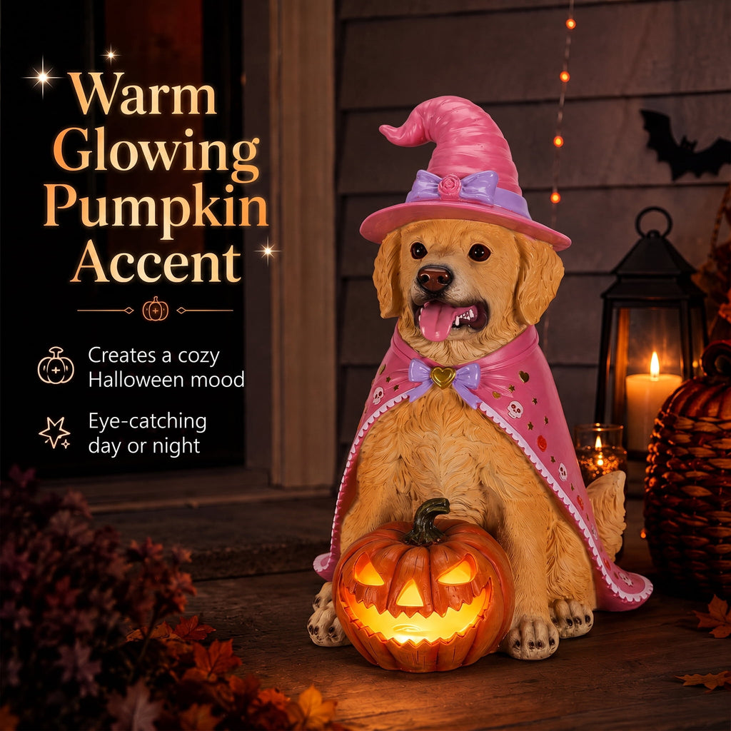 A7Store Halloween Golden Retrieve Dog Indoor Outdoor Porch Statue with Lighted Pumpkin, Pink Witch Hat and Cape