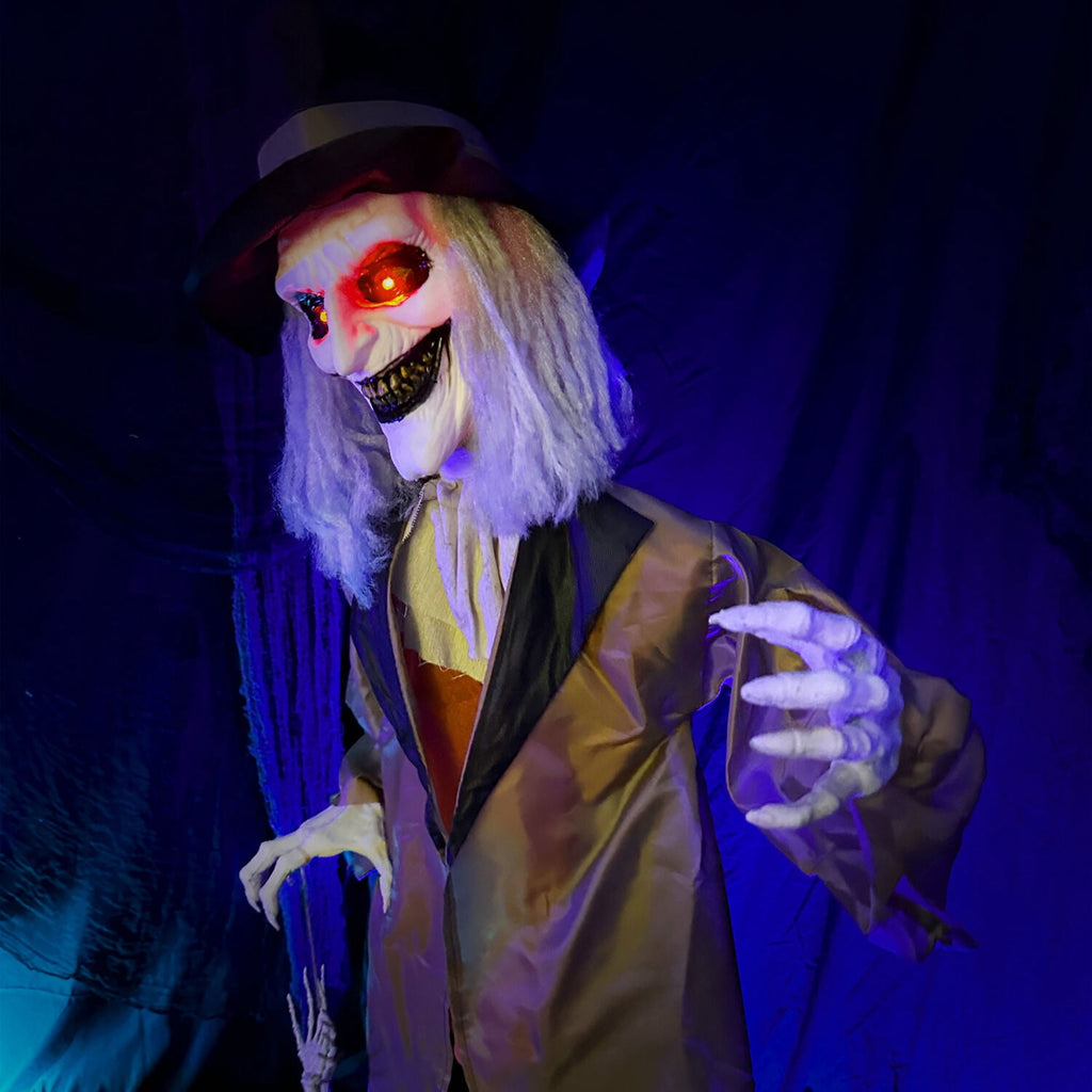 Haunted Hill Farm 5.25 ft Jebediah Bones Animatronic Gravekeeper, Indoor or Covered Outdoor Halloween Decor, Red LED Eyes, Battery-Operated, HHGRVKPR-1FLSA