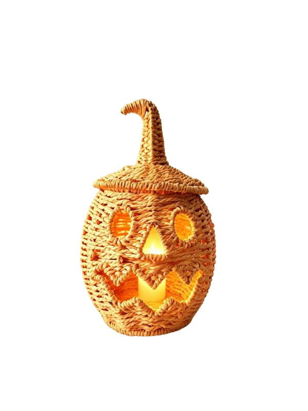 Lighted Halloween Table Centerpiece, Witch Hat Pumpkin Lamp, Black Woven Rattan Halloween Decor Indoor, Glowing Tabletop Decoration for Party Home