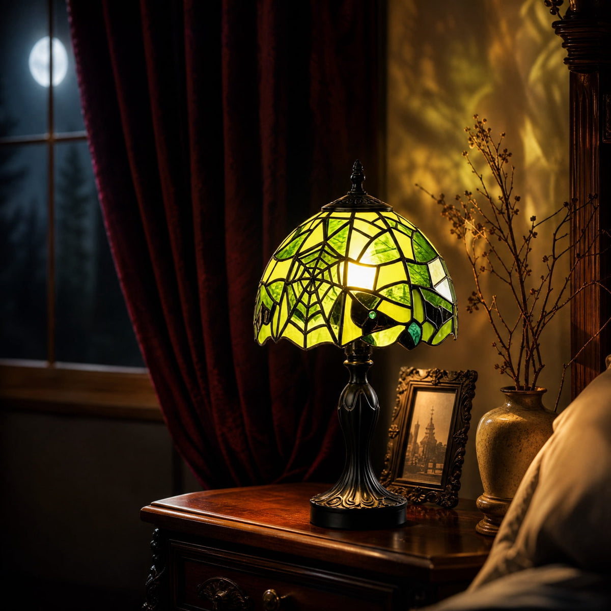 Vintage Style Glass Spiderweb Halloween Lamp, 8" Handmade Spiderweb Pattern Gothic Resin Desk Light, Halloween Decorations Indoor for Bedroom, Living Room, Office (Green)