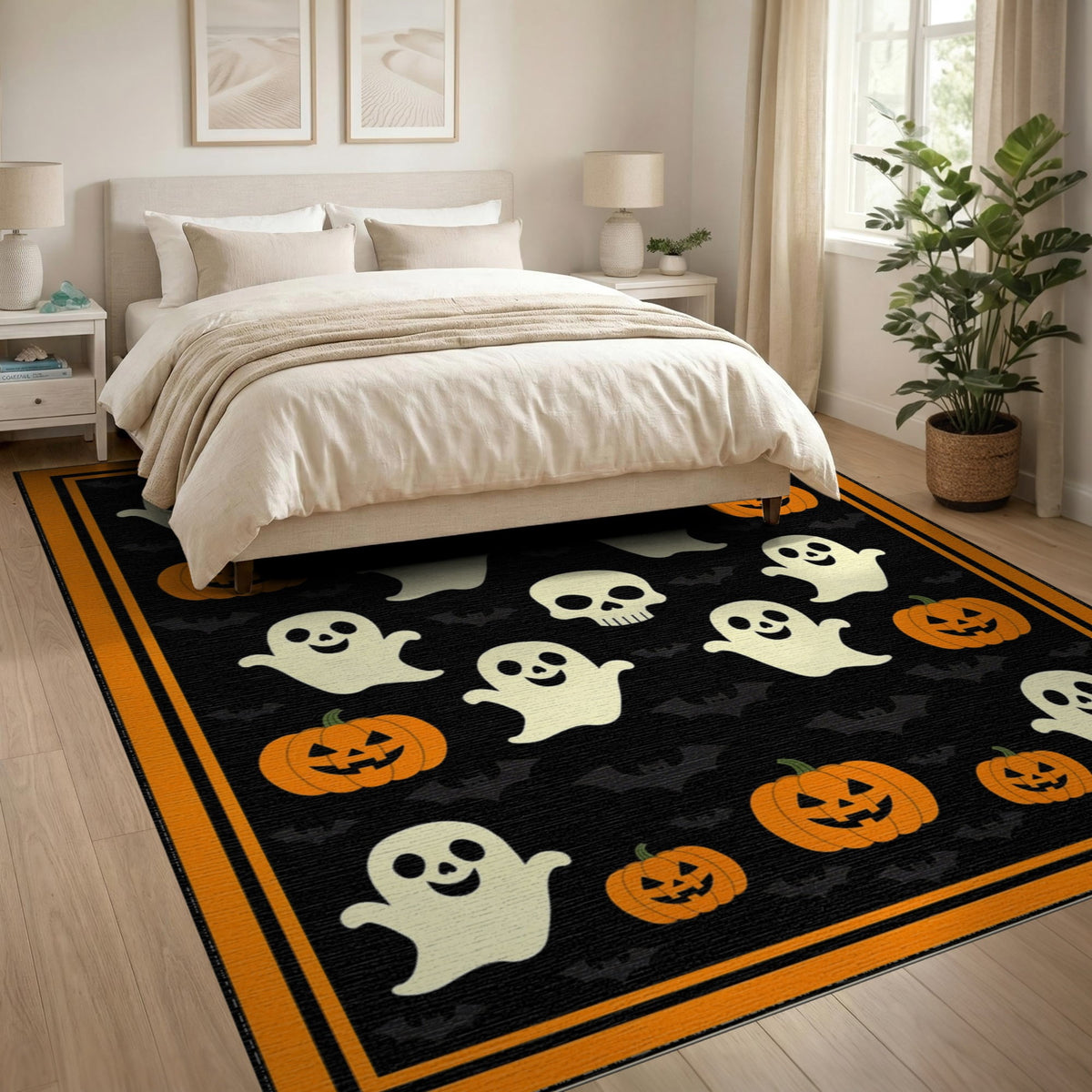 ODIKA 8'x10' Washable Area Rug Halloween Harvest Spirits Grinning Lantern Entrance Doormat Door for Living Room, Under Sectional, Family , Durable, Non-Slip