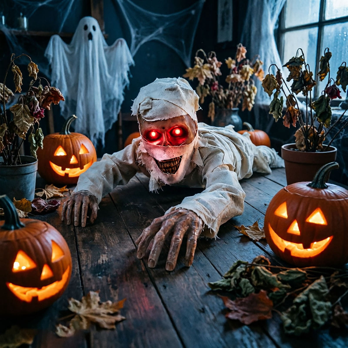 Halloween Animatronic Prop Creeping Mummy Decoration – 41.7" Motion-Activated Crawling Creature with Light-Up Eyes & Sound for Outdoor Yard Haunt