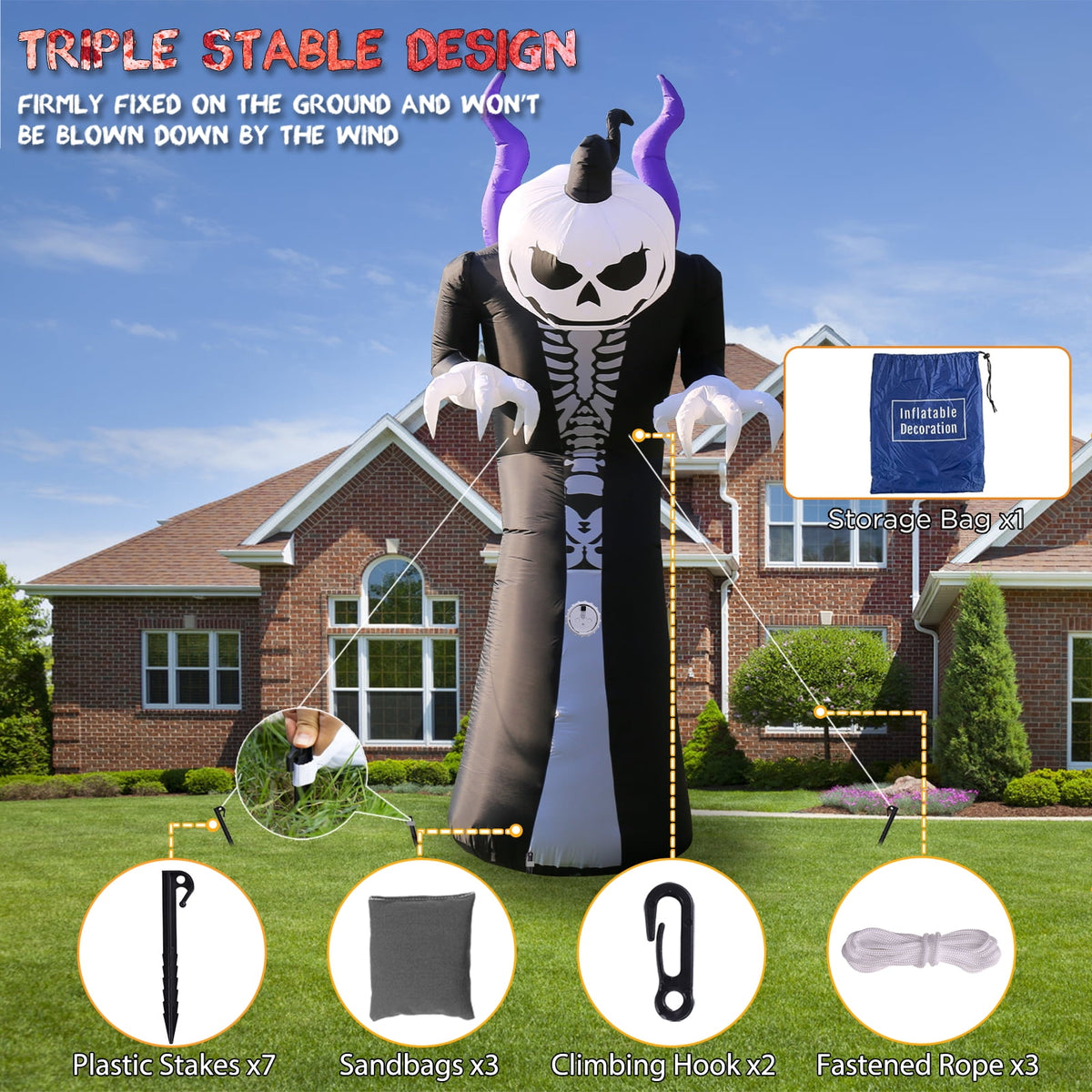 Novtech 10 FT Grim Reaper Halloween Inflatables, Pumpkin Head, Motion Activated Scream, 8 RGB Light Modes, Blow Up Outdoor Yard Decorations for Trick or Treat, Lawn Garden Party & Scary Haunted House