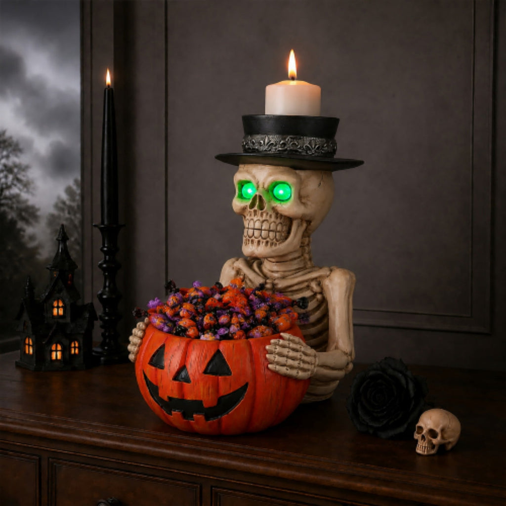 SpookHaven Halloween Jack‑O‑Lantern Pumpkin Mist Sprayer Figurine, LED Light‑Up Fogger with Witch Hat & Skull Decoration, Spooky Ornament for Tabletop Entryway Halloween Party Home Decor