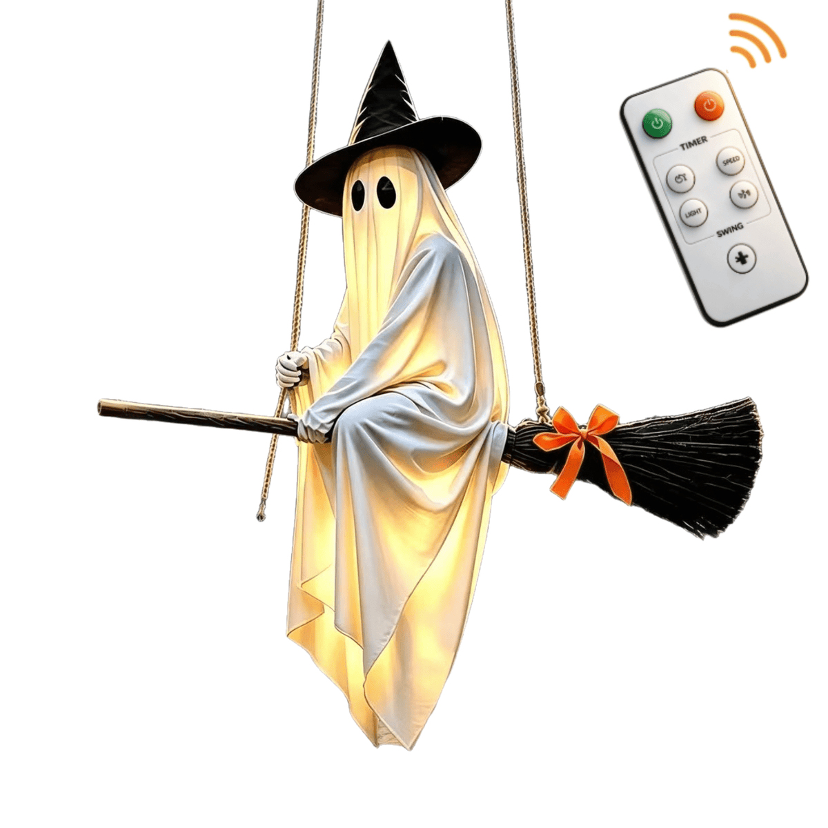 51.97 in Halloween Hanging Ghost Decor on Broom, Swing Ghost with Witch Hat, Light Up Ghost with Remote Control, LED Glowing Ghost Ornament for Tree Porch Yard Indoor Outdoor Haunted House Decor,A
