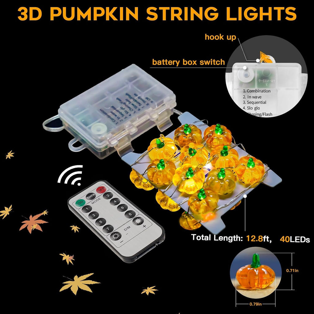 Suddus 12.8ft Halloween Pumpkin String Lights, 40 LED Battery Operated Fairy Lights with Timer for Indoor Outdoor Halloween Party Yard Decorations