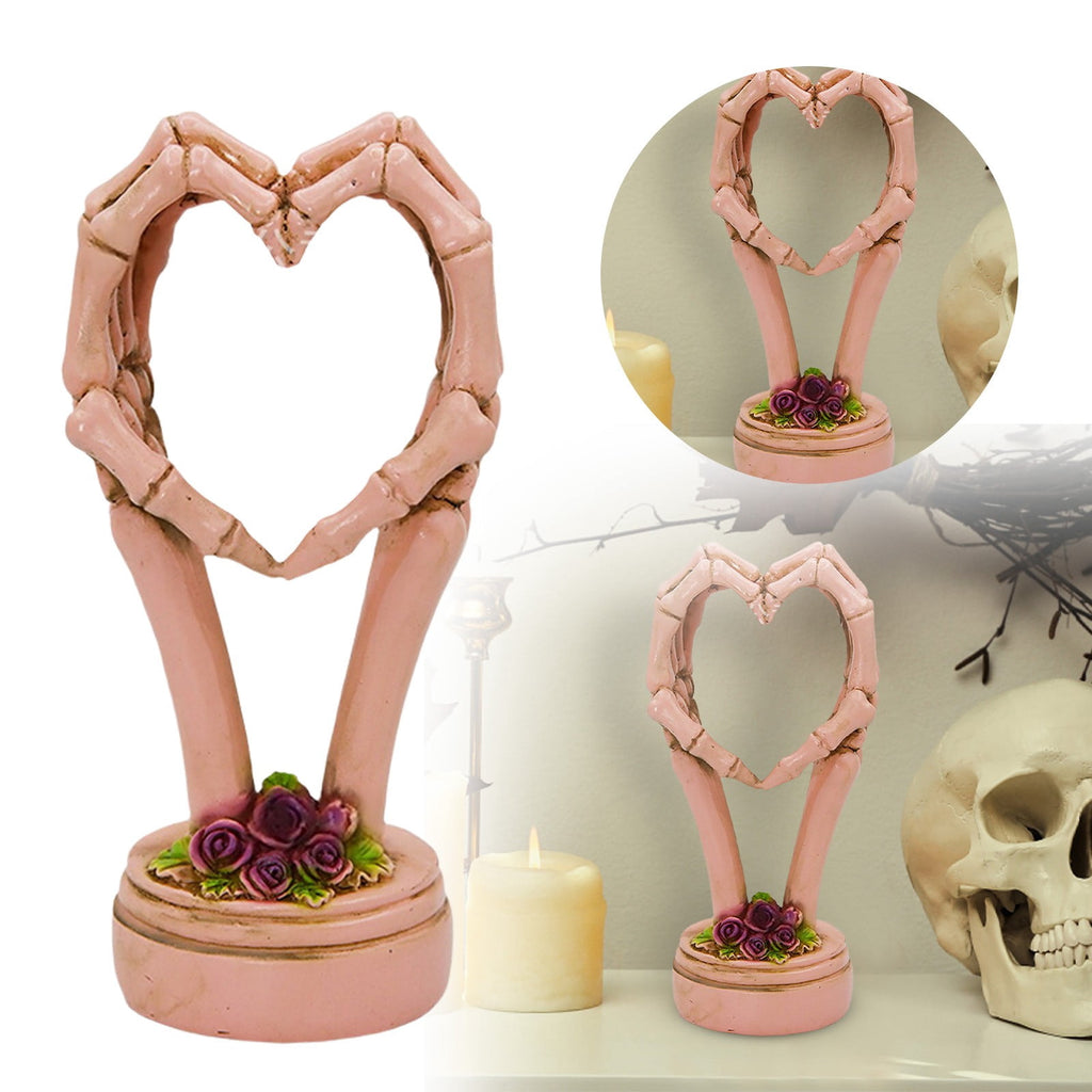 3Pcs Halloween Skeleton Heart Hands Sculpture, Resin Abstract Bone Finger Gesture Statue with Floral Ornament Base, Gothic Home Desktop Decor for Shelf, Mantel, Dressing Table and Party Display