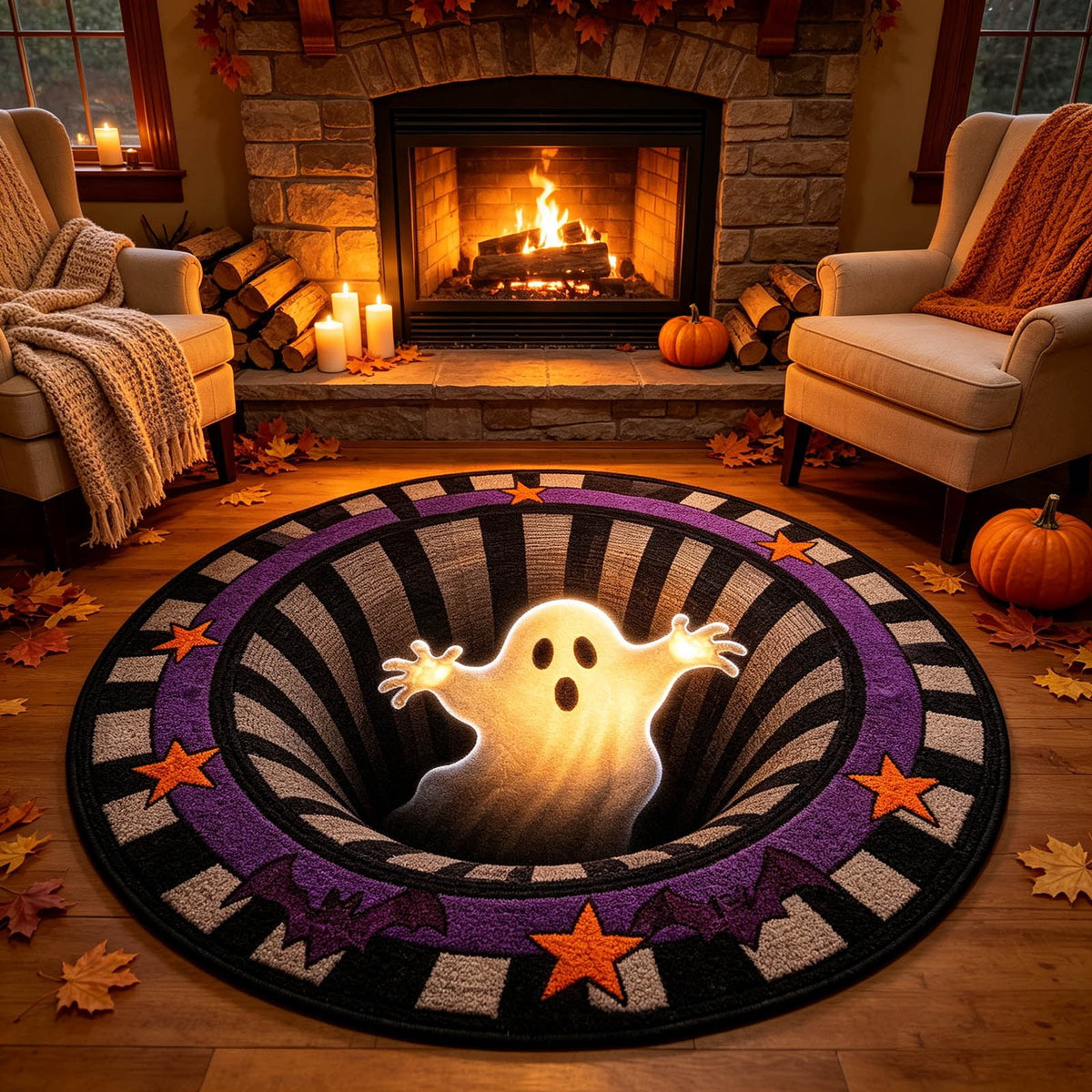 3D Visual Halloween Round Rug Non Soft Velvet Glowing Ghost Black Hole Floor Mat for Living Room Bedroom Entryway(White Purple-140cm)