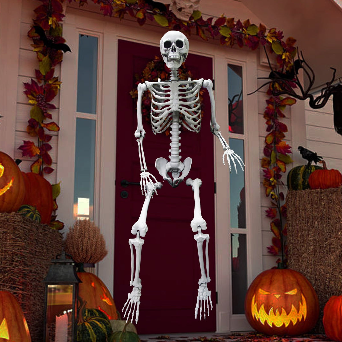 OZMI 5' 4" Tall Halloween Skeleton Decoration for Haunted House, 63 Inch Plastic Life Size Skull Skeleton for Halloween Party Haunted House Bar Yard Graveyard Decorations Party Supplies