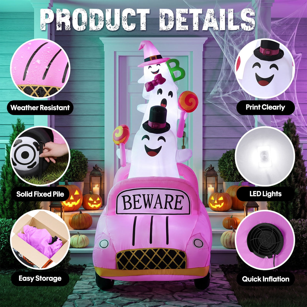Ayieyill Halloween Inflatables, 8FT Ghost Driving Pink Car Halloween Decor Outdoor, Monster Truck Blow Up Yard Decorations