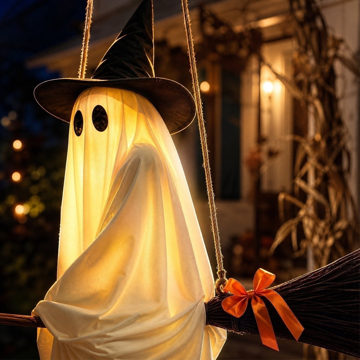 Halloween Decorations Outdoor, 4.5 FT Large Hanging Swing Ghost Halloween Decor with String Lights, Spooky Cute Ghosts Halloween Party Decorations for Front Porch Yard Tree