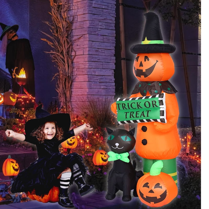 6FT Halloween Inflatables Black Cat Pumpkin Outdoor Decorations,Inflatable Trick or Treat Pumpkins with Build-in LEDs Lights, Air Blow Up Yard Decorations for Indoor Outdoor Garden Lawn Party