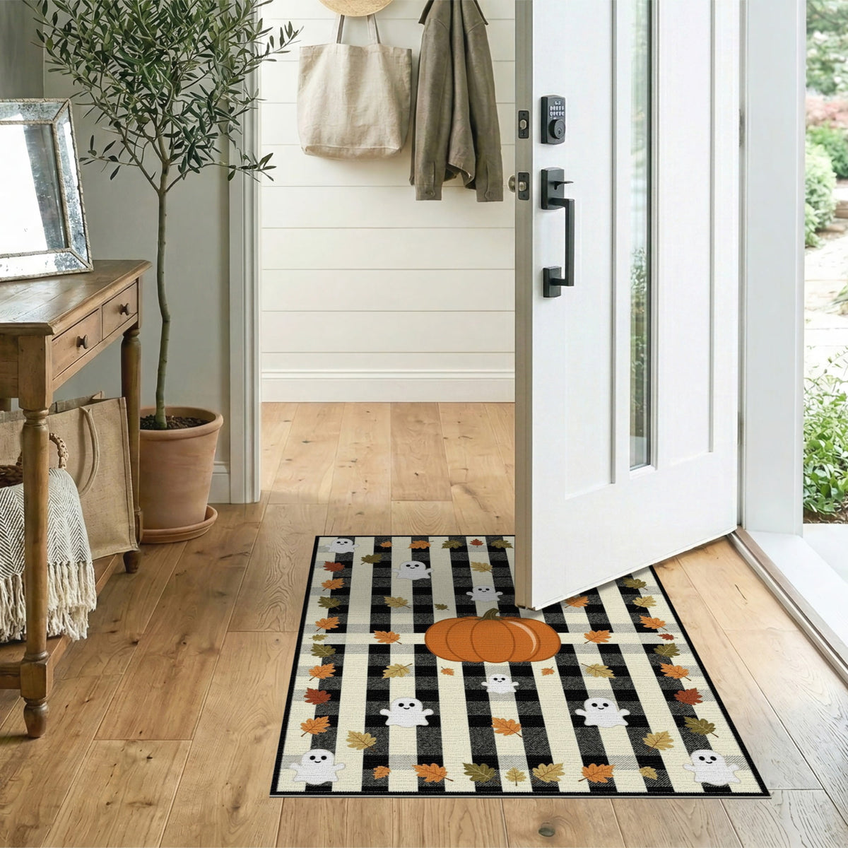 ODIKA Halloween Spooky Harvest Striped Welcome Ghosts Fallc Door Doormat Stain Resistant Low Profile for Dorm Room, Small Living Apartment