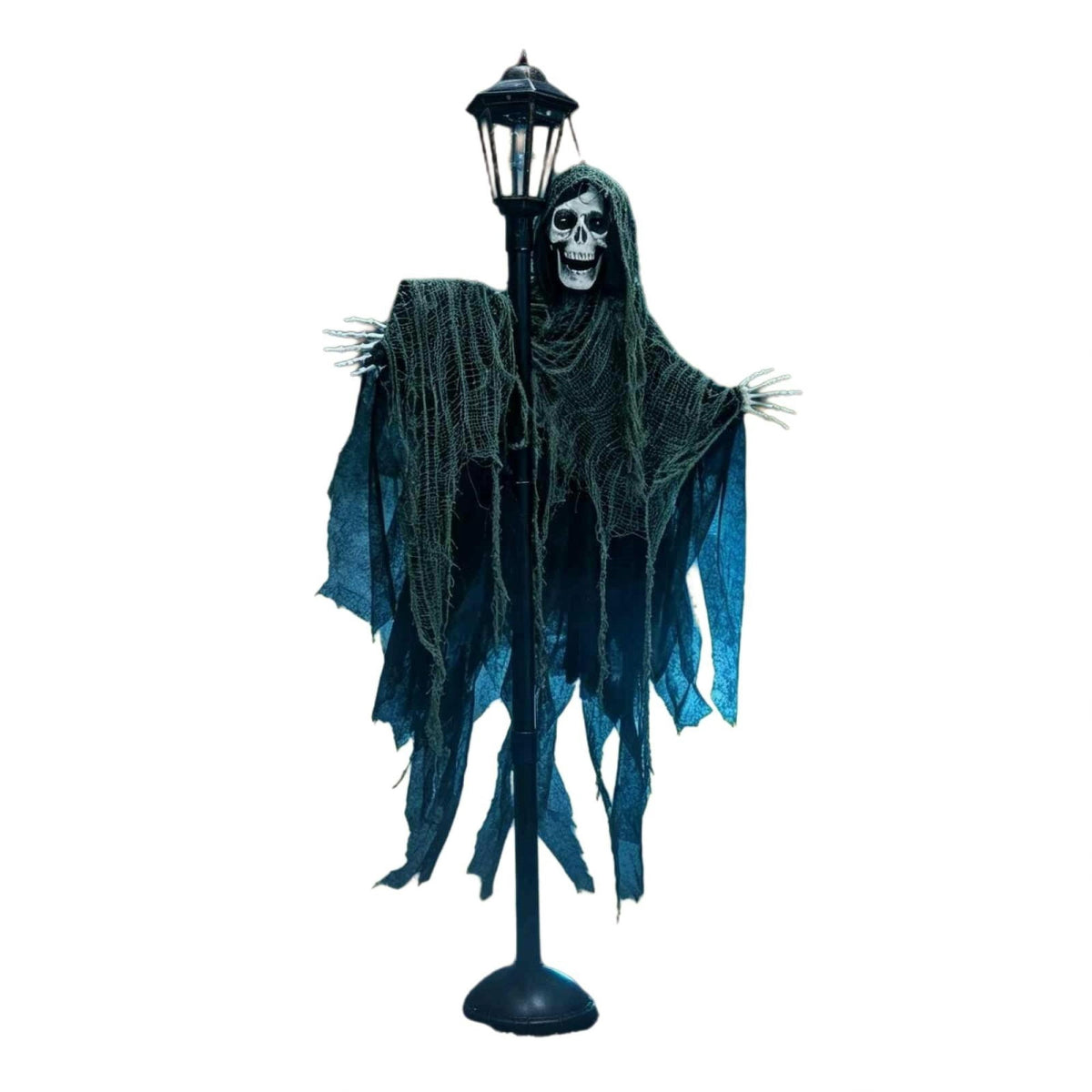 6ft Life Size Halloween Standing Grim Reaper Street Lamp Prop, Light‑Up Eyes Skeleton Ghost with Tattered Robe, Freestanding Outdoor Yard Porch Holiday Decoration