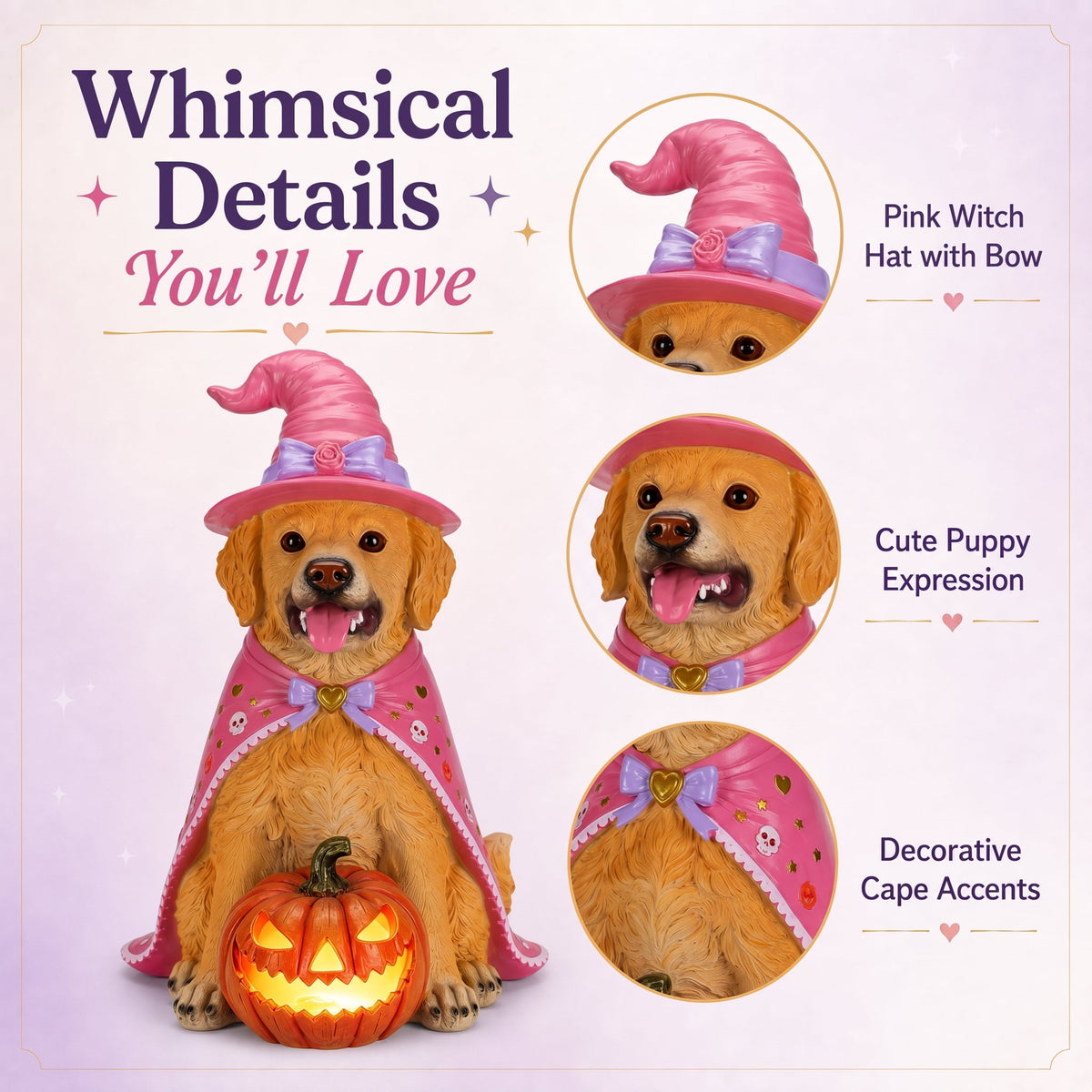 A7Store Halloween Golden Retrieve Dog Indoor Outdoor Porch Statue with Lighted Pumpkin, Pink Witch Hat and Cape