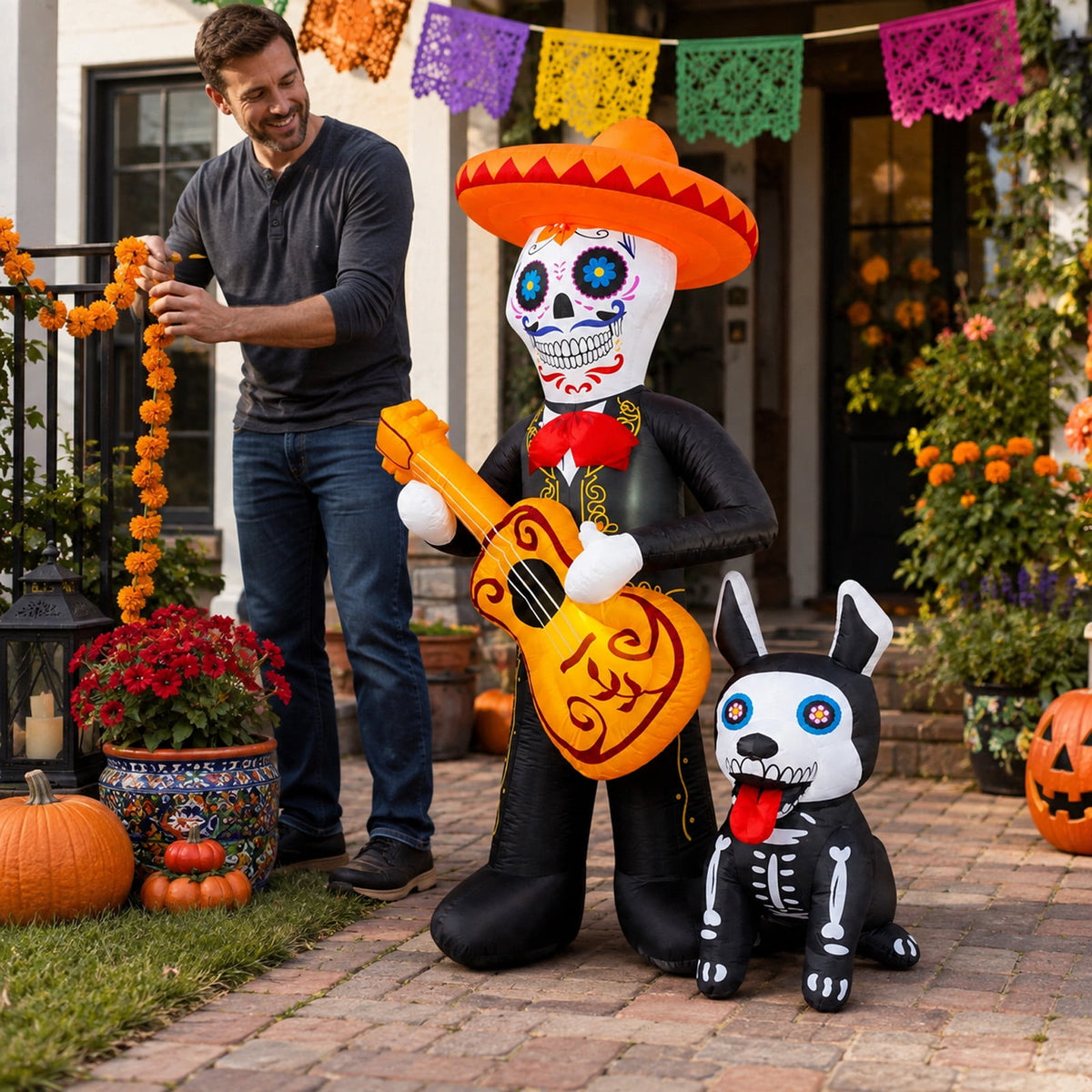 MInHoues 4 ft Halloween Inflatable Mold Ornament, Day of the Dead Skeleton Playing Guitar Decorative Molds, Polyester Spooky Yard Prop for Indoor Outdoor Party Yard Decor