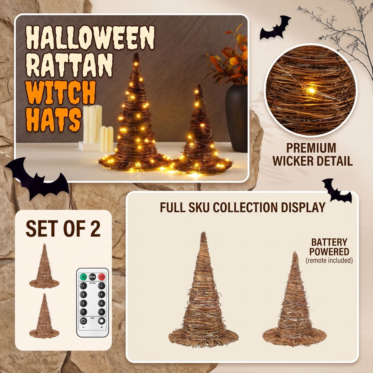 Lighted Rattan Witch Hat Set Halloween Decor, Hand Woven Wizard Hats with Warm LED Lights, Spooky Tabletop Centerpieces for Home Party & Fall Harvest Display (11.8" & 9.8")