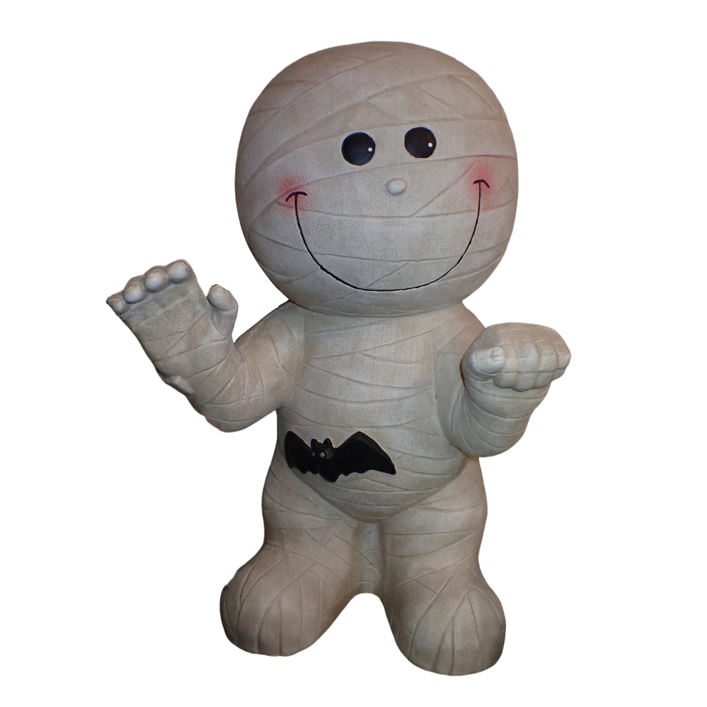Cute Halloween Light-Up Mummy Blow Mold Decoration, Happy Smiling Mummy Statue with Black Bat, Corded Electric Glowing Tabletop Night Light Figurine for Indoor Holiday Porch Decor