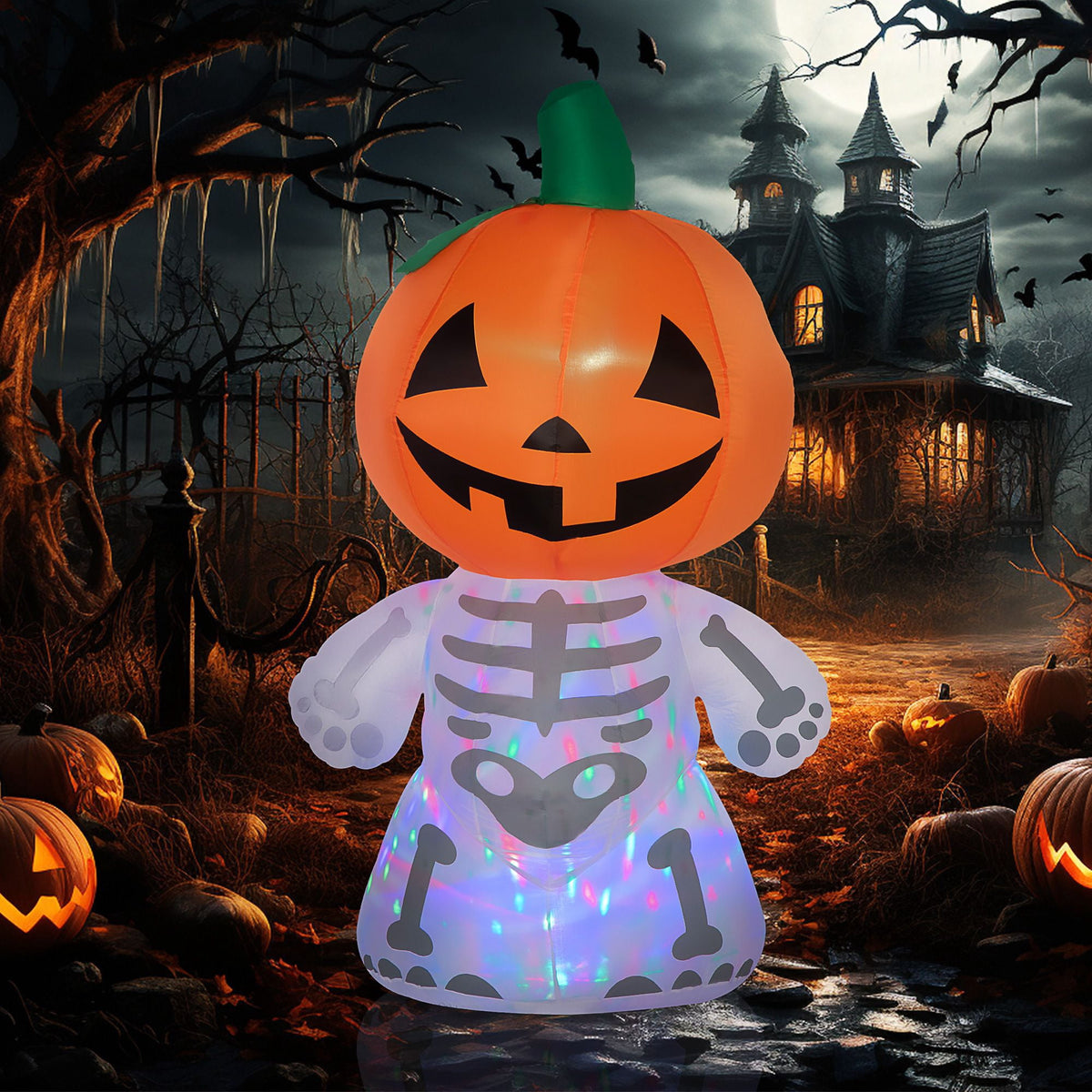 70.75IN Inflatable Skeleton Ghost with Pumpkin Head Rotating Colorful Light LED Halloween Yard Decor