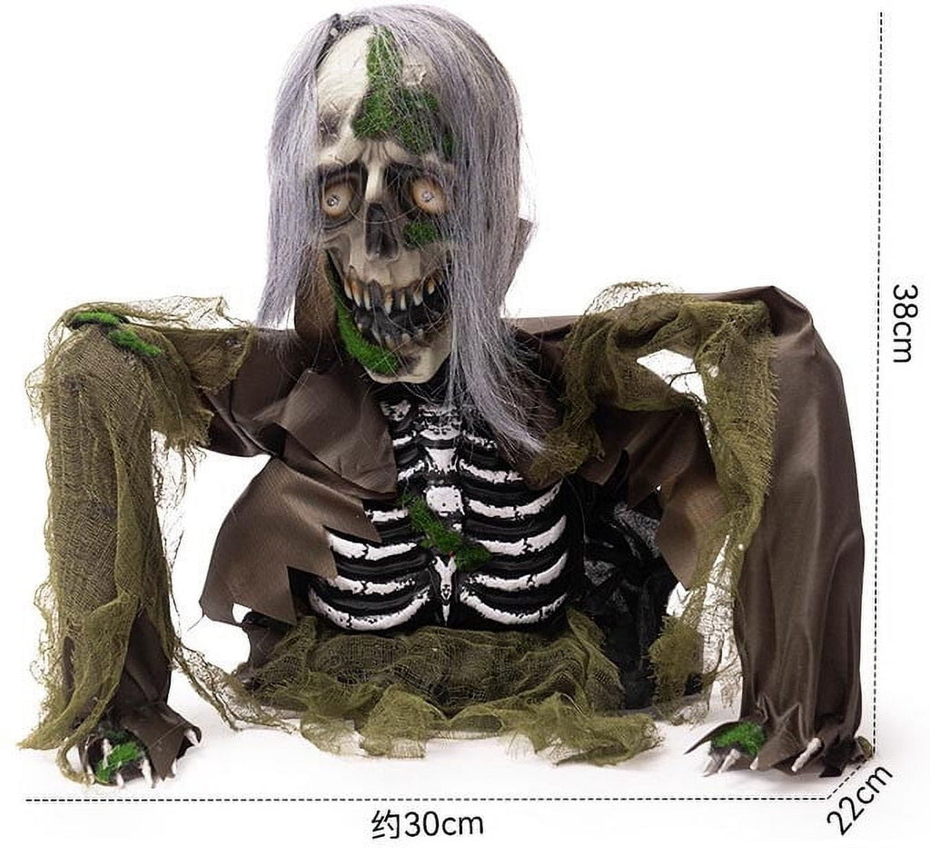 White-Haired Half-Body Skeleton Figurine with Motion-Activated Moving Head Glowing Eyes Battery-Operated Halloween Animatronic Prop for Haunted House Theme Park Party Decor