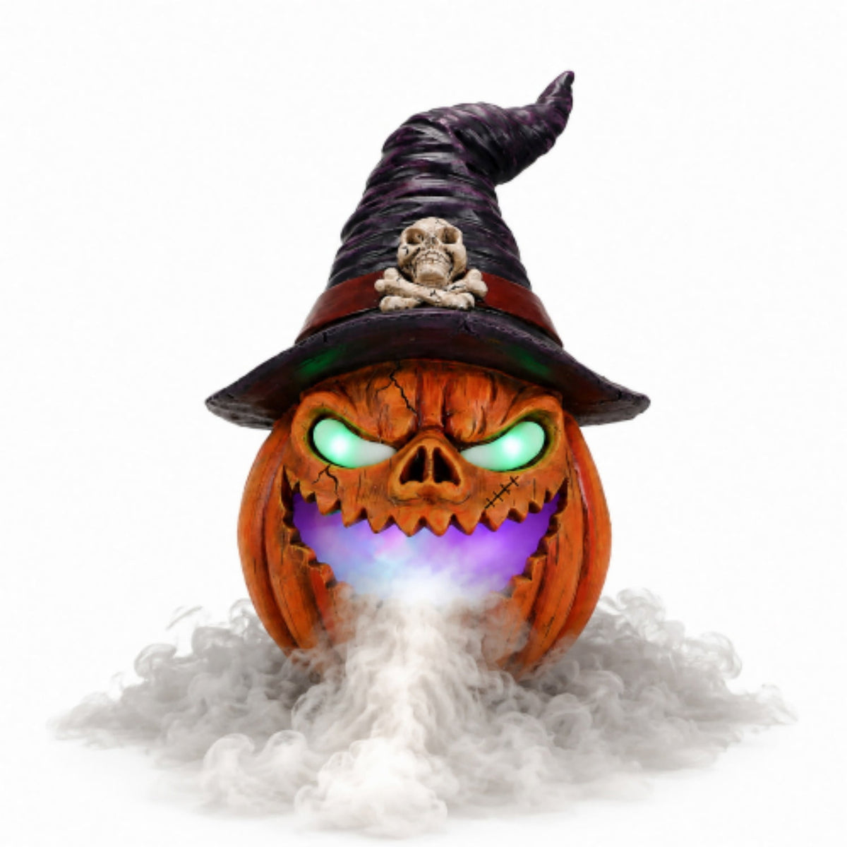 SpookHaven Halloween Jack‑O‑Lantern Pumpkin Mist Sprayer Figurine, LED Light‑Up Fogger with Witch Hat & Skull Decoration, Spooky Ornament for Tabletop Entryway Halloween Party Home Decor