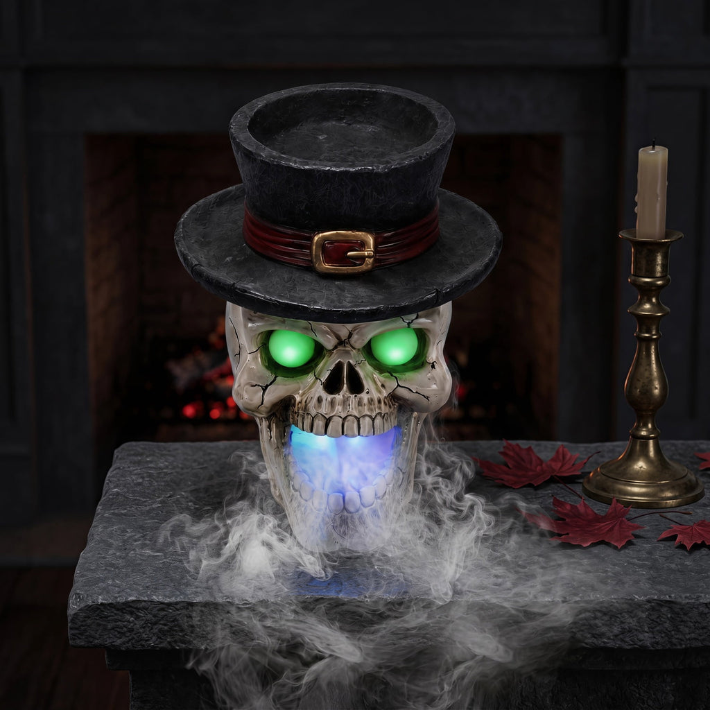 SpookHaven Halloween Jack‑O‑Lantern Pumpkin Mist Sprayer Figurine, LED Light‑Up Fogger with Witch Hat & Skull Decoration, Spooky Ornament for Tabletop Entryway Halloween Party Home Decor
