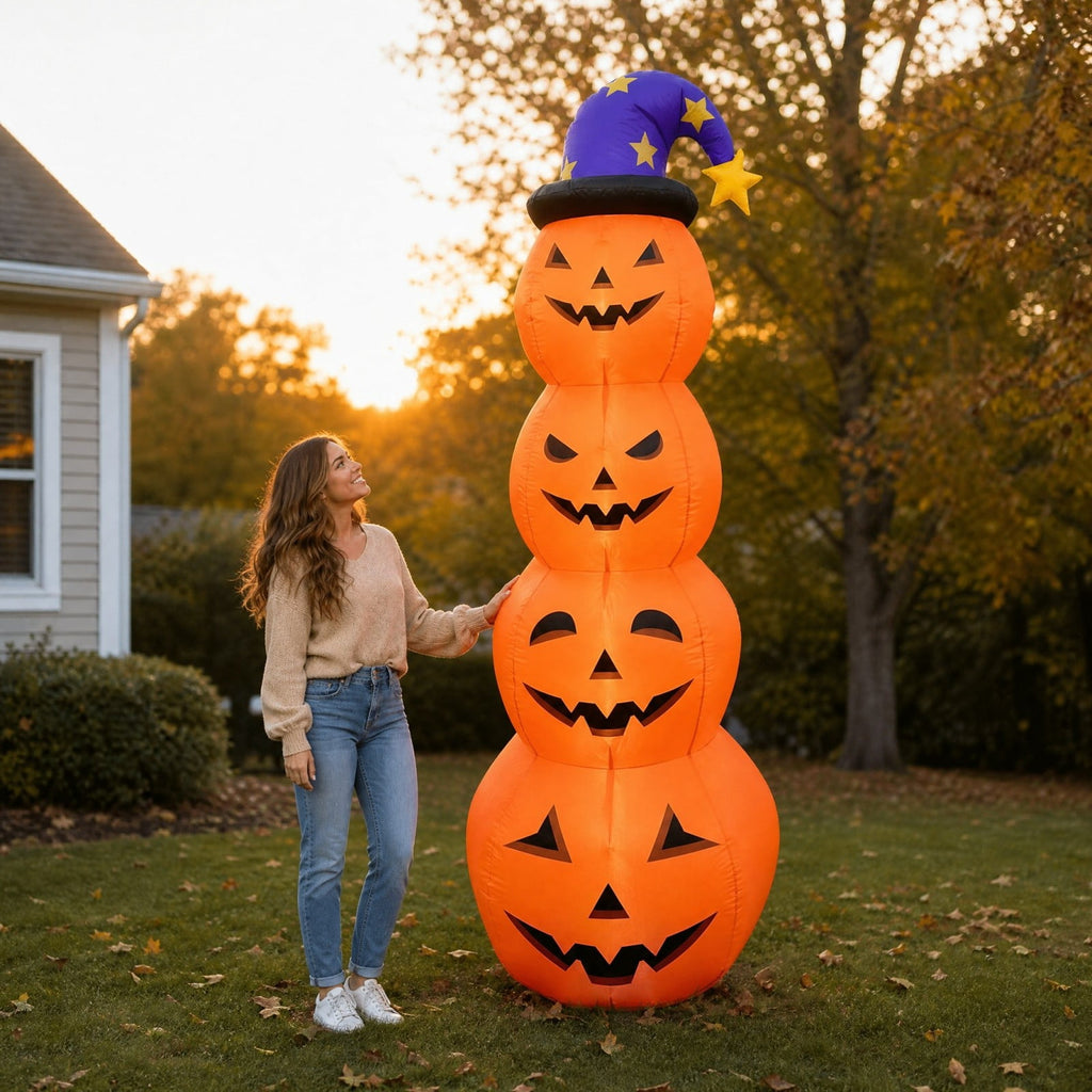 8FT Halloween Inflatable Pumpkin Decoration, Stacked Pumpkin Tower with Wizard Hat and LED Lights, Waterproof Outdoor Yard Blow Up Decor for Front Porch Garden Party Haunted House Display