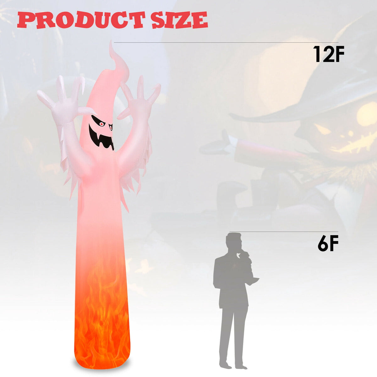 Gymax 12ft Inflatable Halloween Ghost Blow Up Decoration w/ Built-in Flame Light