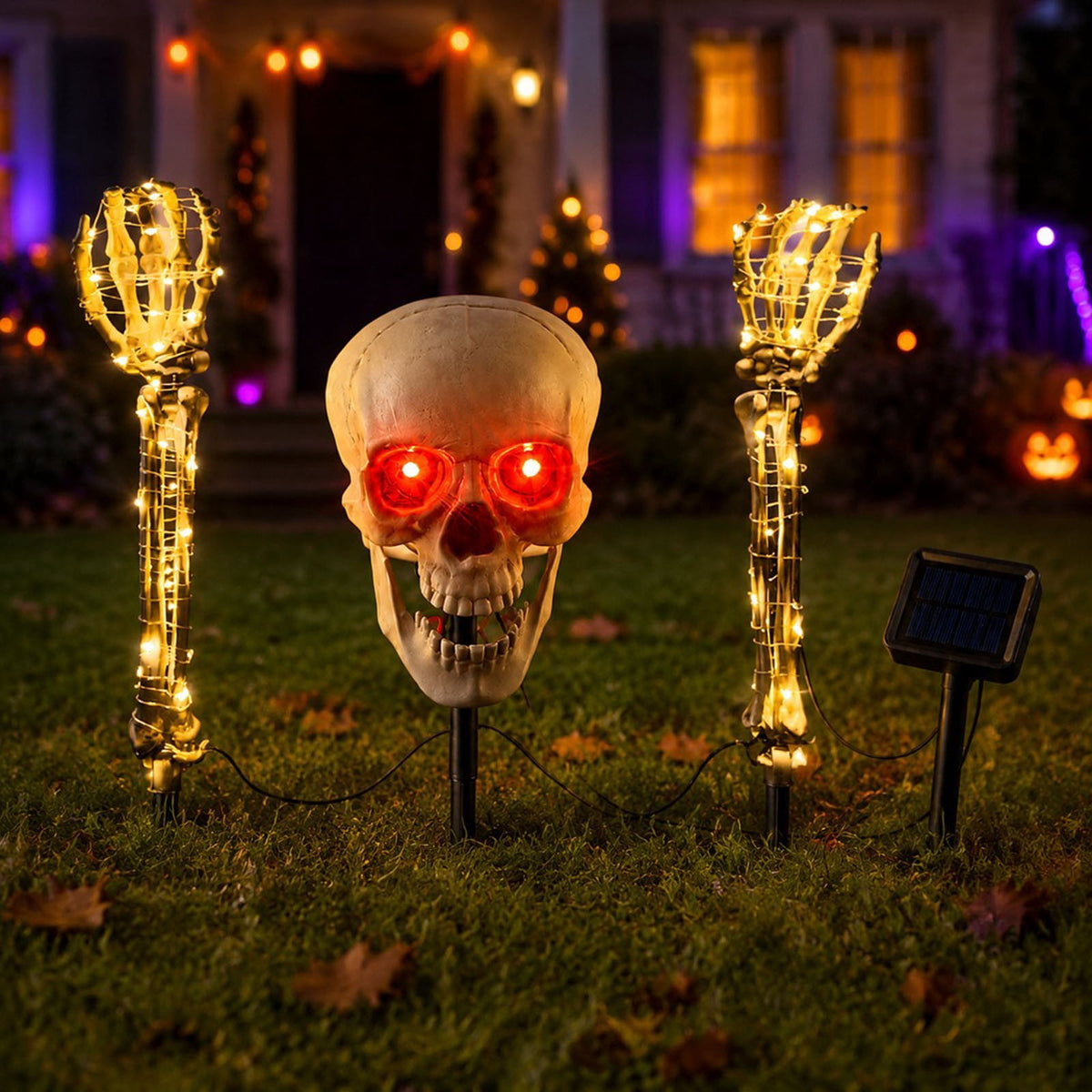 Halloween Lighted Skeleton Decor Outdoor, Solar-Powered Stake Light Realistic Scary Graveyard Bone Hands & Arms with LEDs, IP65 Waterproof for Lawn Garden Yard Party, Purple & Green