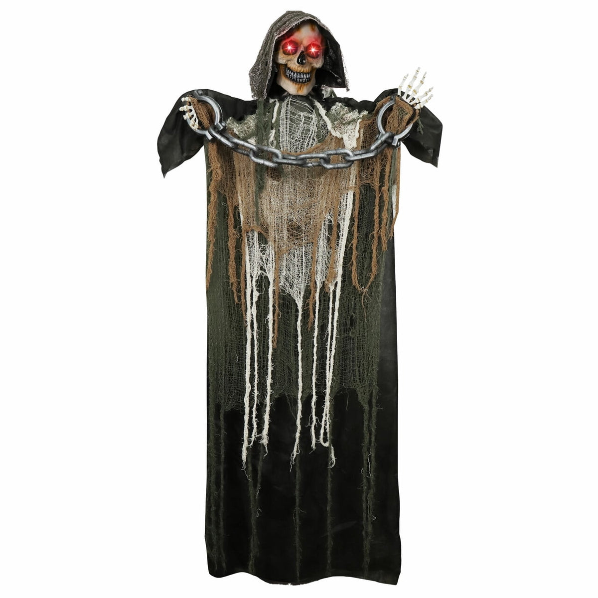 Joyfy 67"(5.6ft) Standing Grim Reaper with Chain, Large Halloween Decorations Outdoor, Life Size Animatronics Skelton, Sound-Actived Party Decor with Creepy Sound & LED Eyes, Scary Haunted House Prop
