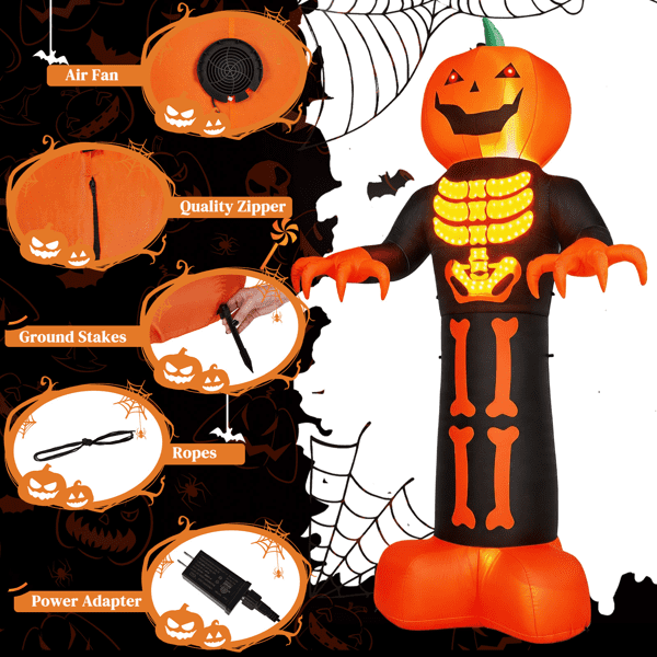 COTINSE 12 FT Halloween Inflatable Grim Reaper with Skeleton Ribs and Pumpkin, 3 LEDs and 115 String Lights, Outdoor Yard Decor