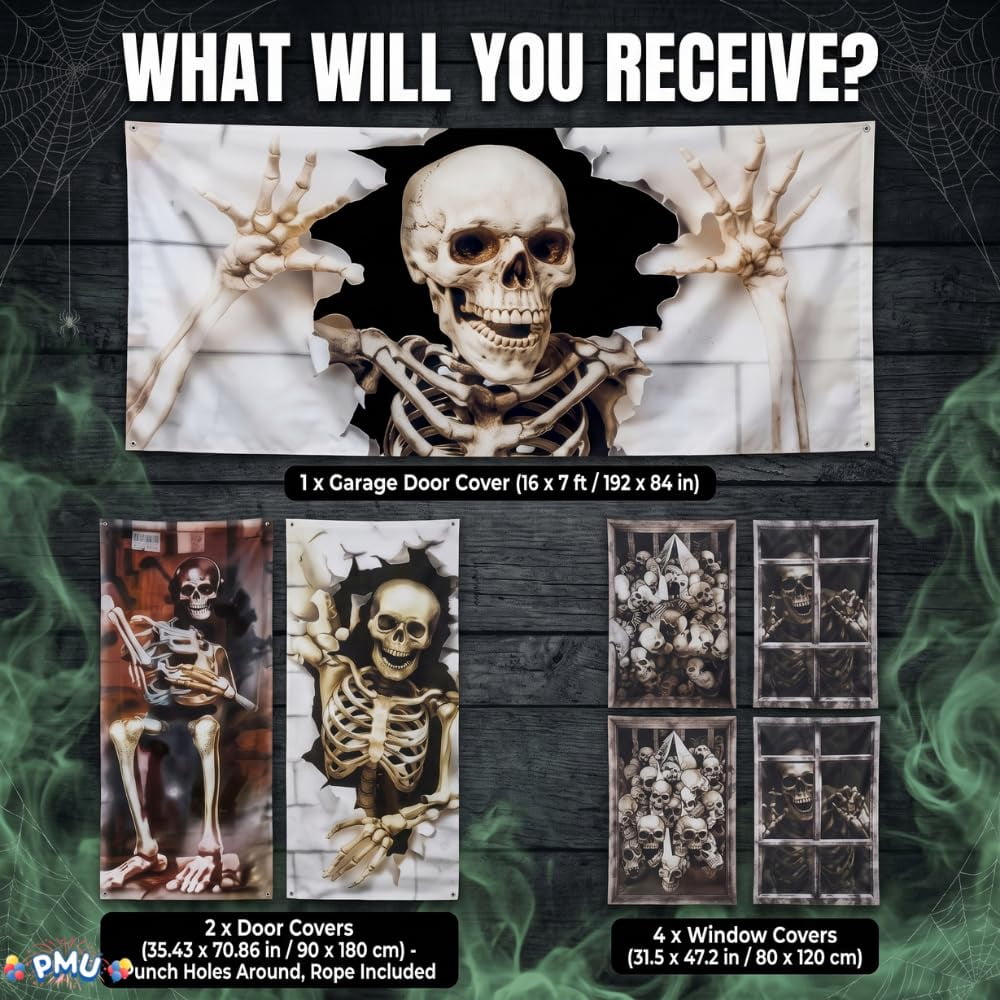 PMU 7-Piece Halloween Garage Door Cover Set, 16 x 7 ft, Skeleton Window & Door Decorations