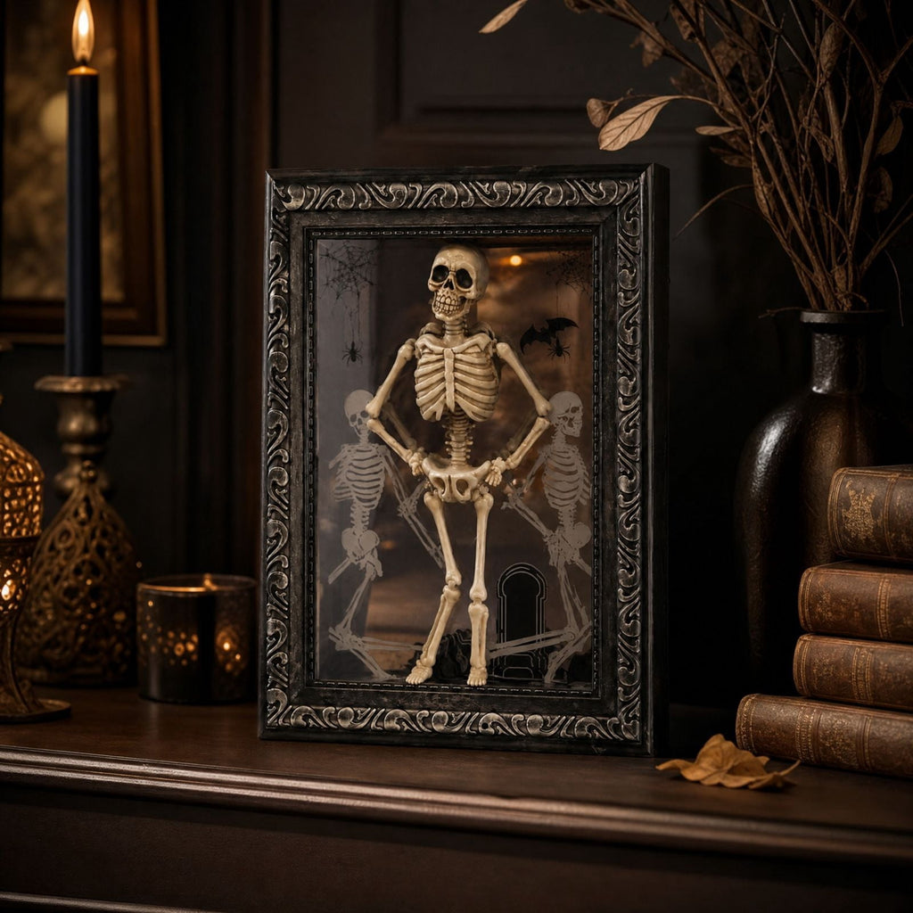 Gothic Dancing Skeleton Picture Frame LED Light Up 11.8 x 7.8in Halloween Table Accent Resin Spooky Figurine Decor for Party Desk Mantle