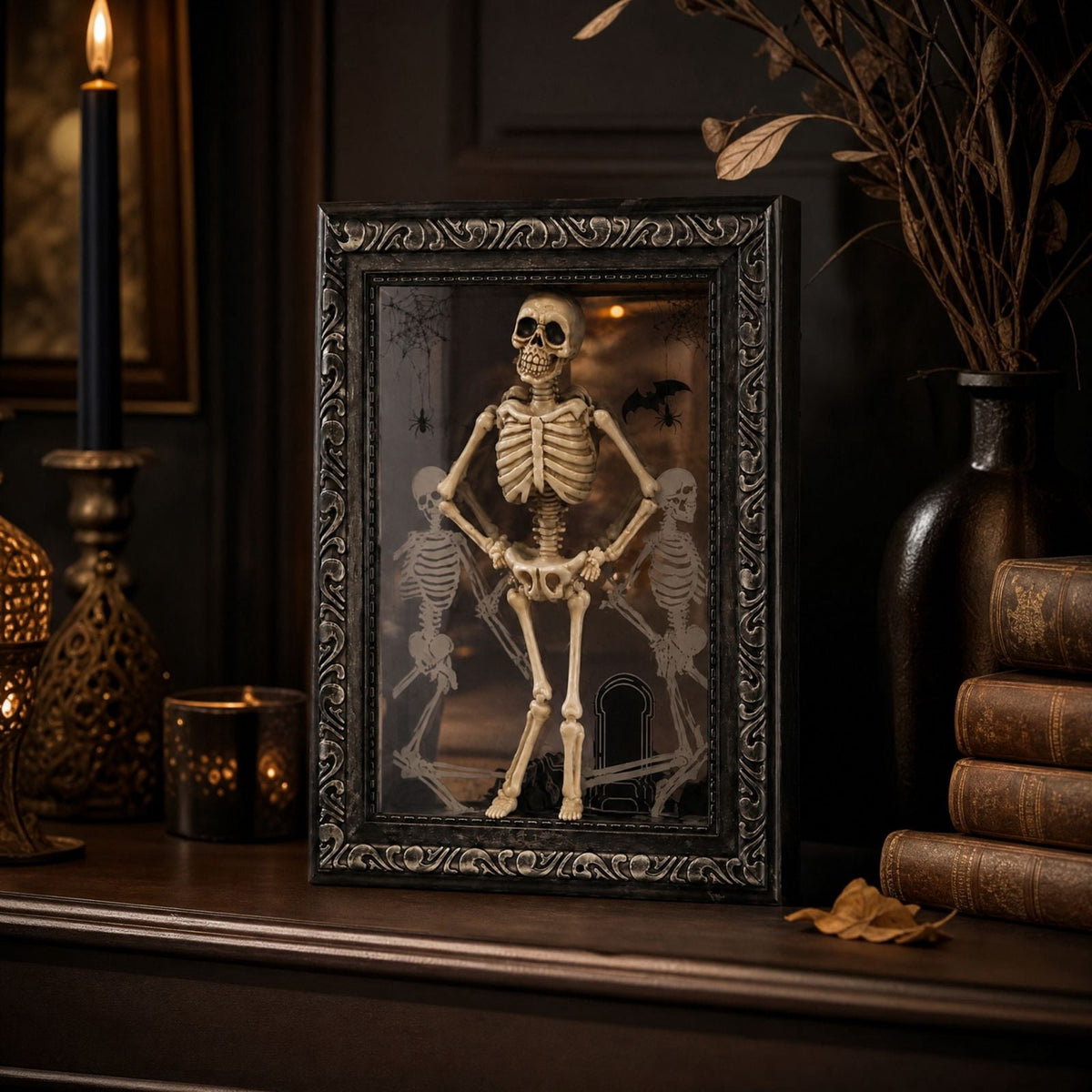 Halloween Dancing Skeleton Photo Frame 11.8 x 7.8in 3D Resin Light Up Spooky Skeleton Figurine Table Display Decor for Party Home Tabletop
