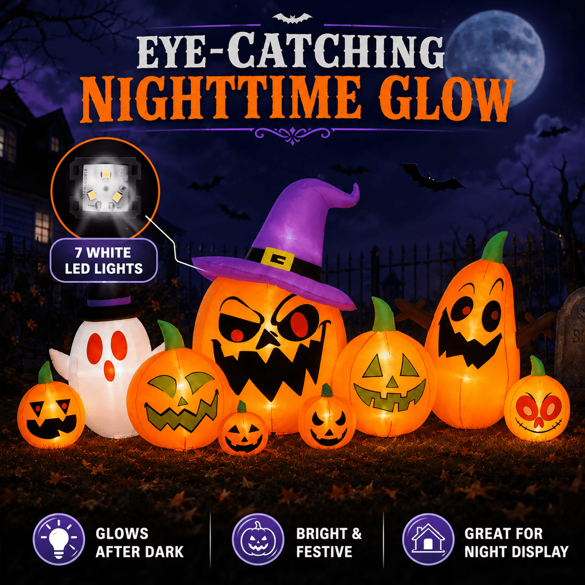 7.9 FT Halloween Inflatable Pumpkin & Ghost Yard Decoration, Pumpkins with Witch Hat, 7 LED Lights, Outdoor Blow Up Decor