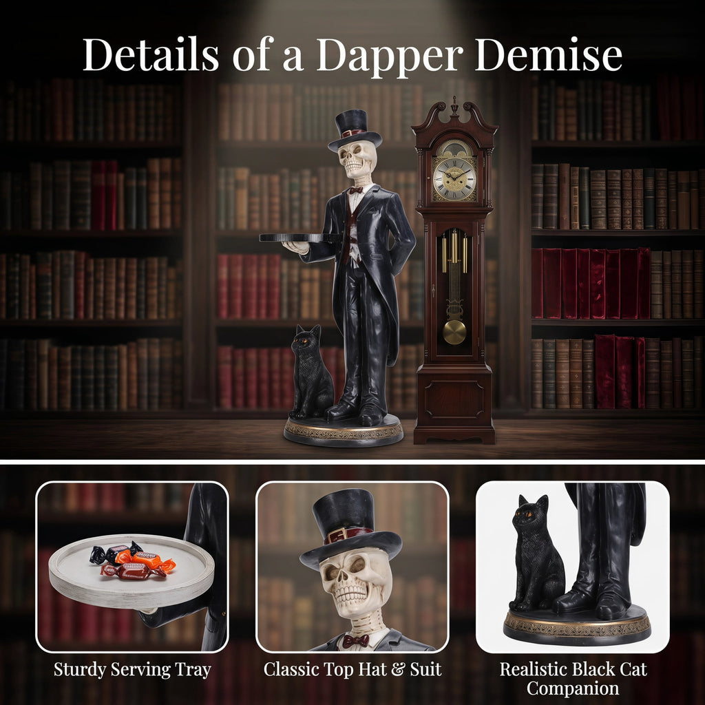 Halloween Skeleton Butler Floor Statue with Serving Tray & Realistic Black Cat, 35.43 Inch Gothic Resin Standing Decor for Entryway, Porch, Living Room, Halloween Party Home Decoration
