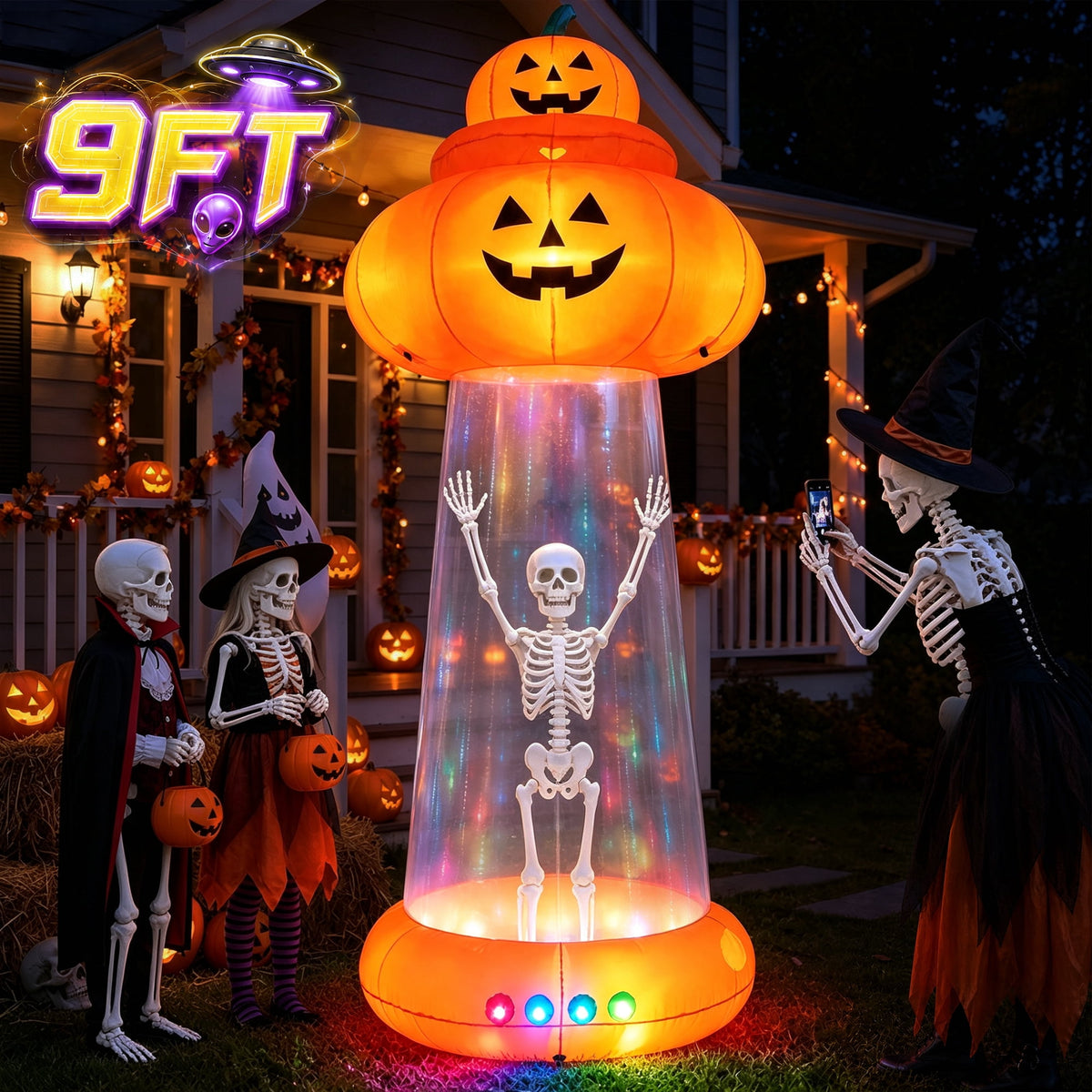 BSHAPPLUS® 9 ft Halloween Pumpkin UFO Inflatable,Walk-in Inflatable Yard Decor with Levitating Cow,Built-in LED Lights,Outdoor Blow up Decor for Lawn Garden Party,19.7ft Extra-Long Power Cord