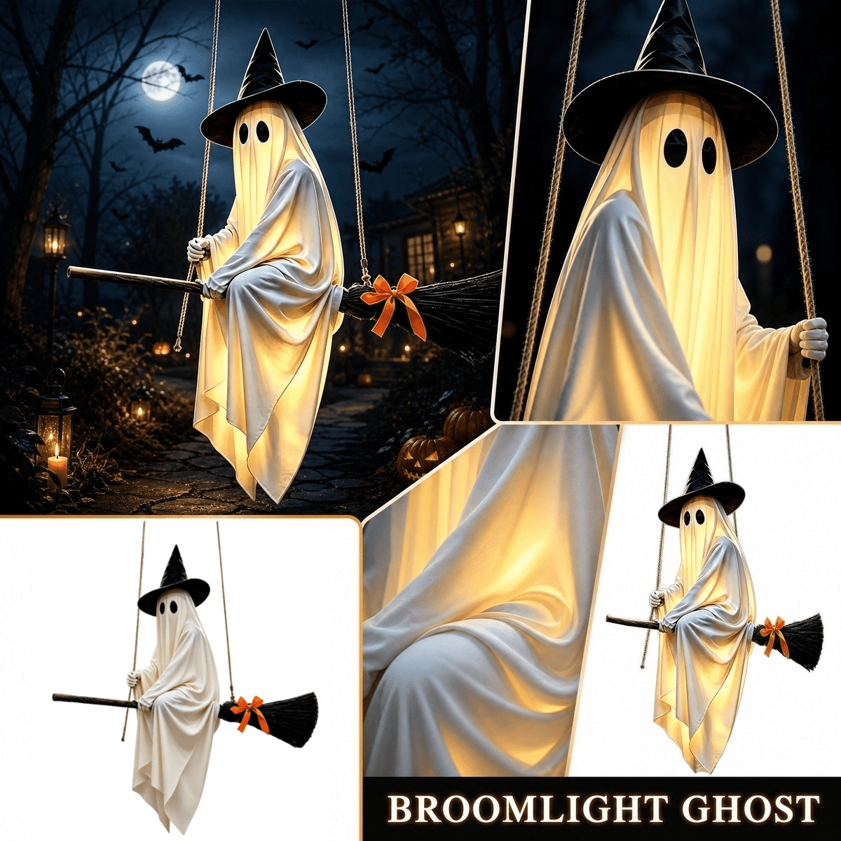 51.97 in Halloween Hanging Ghost Decor on Broom, Swing Ghost with Witch Hat, Light Up Ghost with Remote Control, LED Glowing Ghost Ornament for Tree Porch Yard Indoor Outdoor Haunted House Decor,A