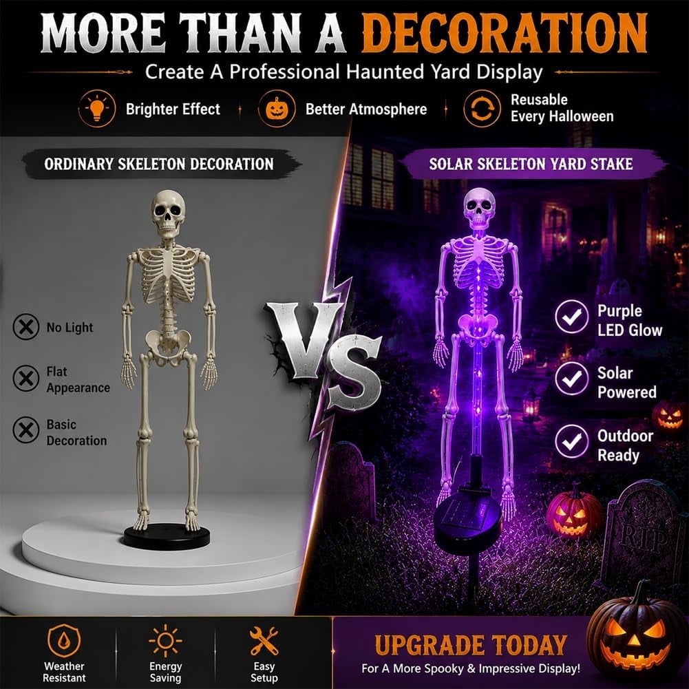 Light up Halloween Decorations - Solar Skeleton Yard Stake Garden Light Bones Figurine, 3D Creepy LED lamp Waterproof Realistic ghosts for Outdoor Grave Lawn Patio House Party Fall Decor Gift