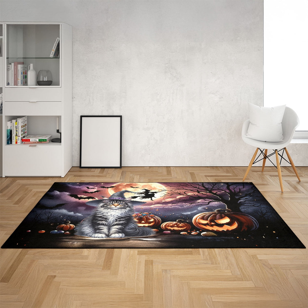 Spooky Halloween Night Witch Maine Coon Glowing Pumpkins Indoor Rug Cat Lover Kitten Owner Gifts Carpet Living Bed Room Sofa Home Decor - 12015