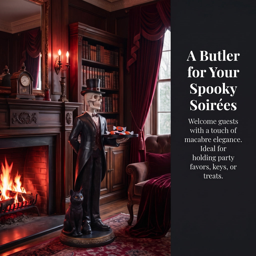 35" Halloween Skeleton Butler Floor Statue with Serving Tray & Black Cat, Gothic Resin Entryway Decor