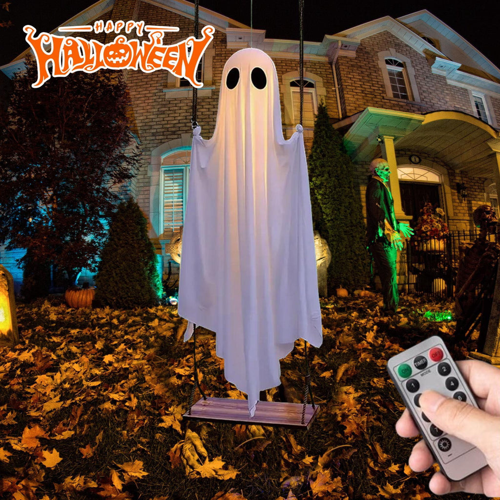 4.72 FT Large Hanging Swing Ghost Halloween Decor with String Lights Remote Control Spooky Glowing Ghost Decorations for Outdoor Indoor Porch Yard Tree Halloween Party Scary Decor