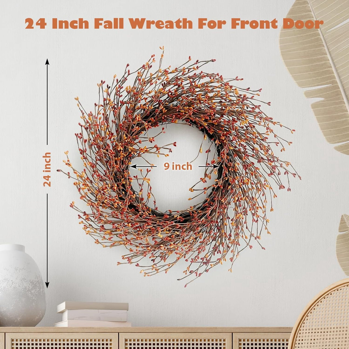 24 Inch Fall Wreath for Front Door with Large Grapevine, Orange Pip Berry Wreath for Fall Door Decor, Autumn Wreaths for Farmhouse Wall Window Home and Halloween Christmas Thanksgiving Decoration
