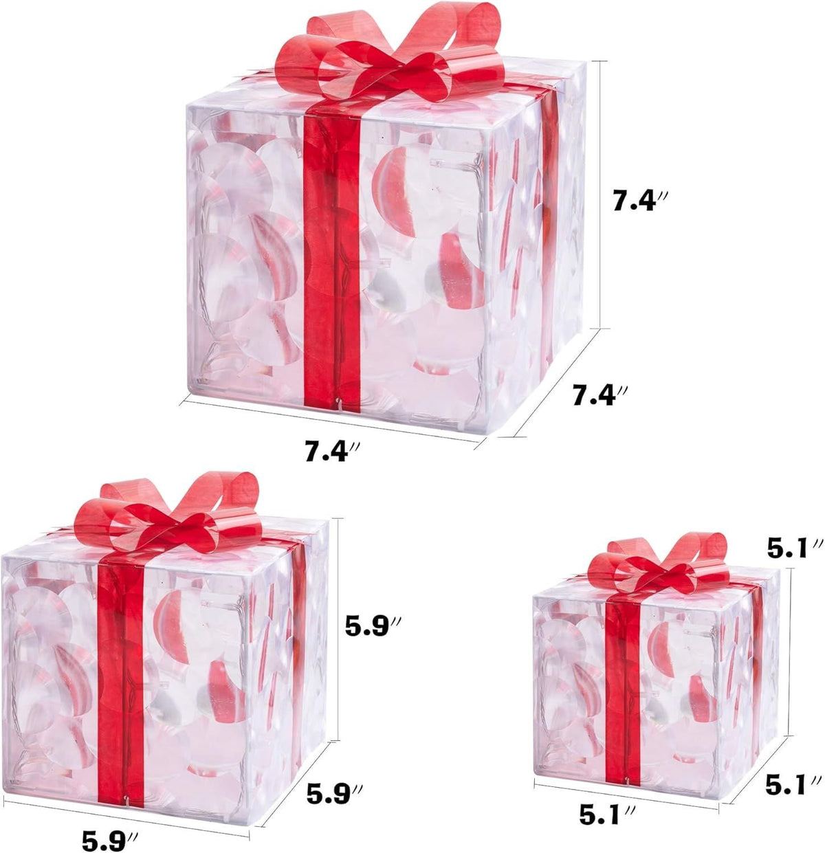Set of 3 Christmas 60 LED Lighted Gift Boxes, Transparent Warm White Lighted Christmas Box Decrations, Presents Boxs with Red Bows for Christams Tree, Yard, Home, Christams Decorations