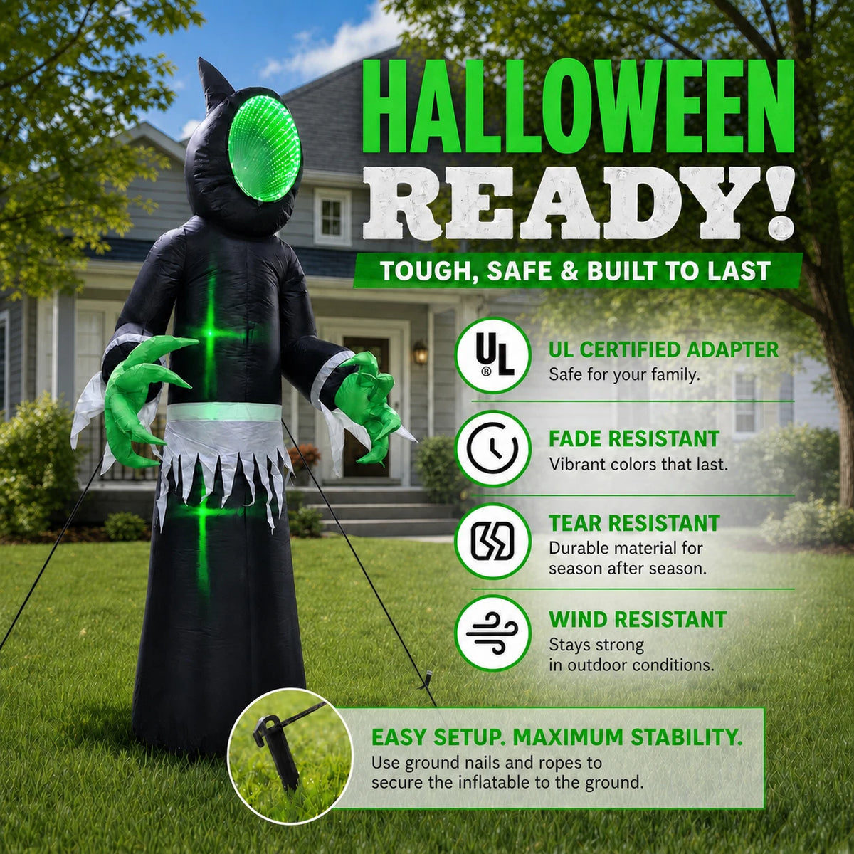 8FT Halloween Inflatable with Green Face,3D Infinity Depth LED Light and Auto Changing Models, Spooky Outdoor Halloween Decoration for Yard and Party