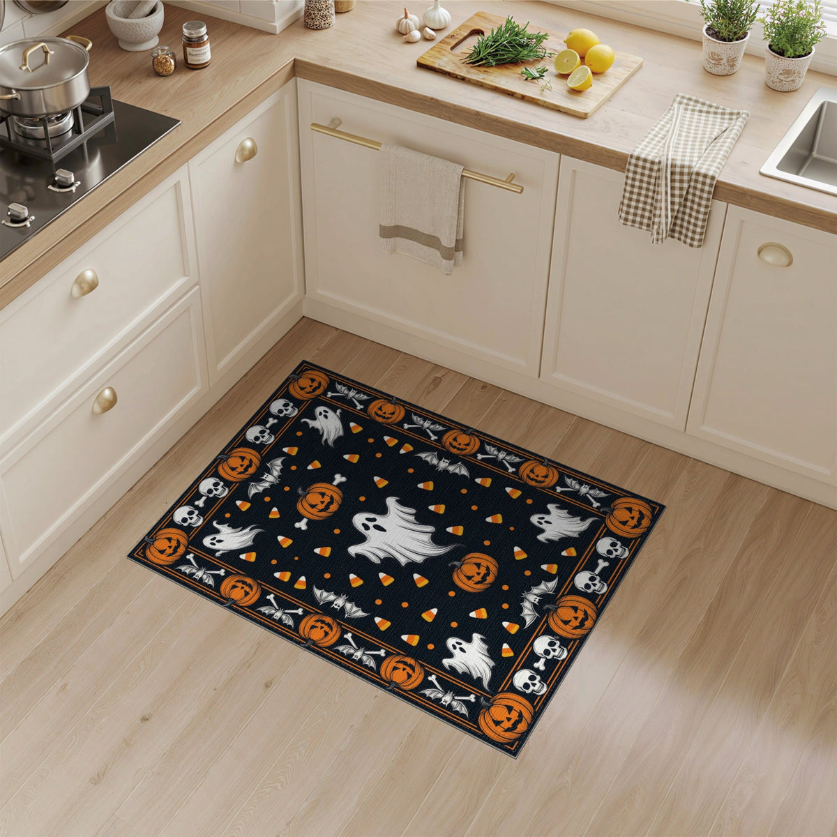 ODIKA Halloween October Phantom Gourd Flying Creature Fiber Doormat Stain Resistant Low Profile for Dorm Room, Small Living Apartment