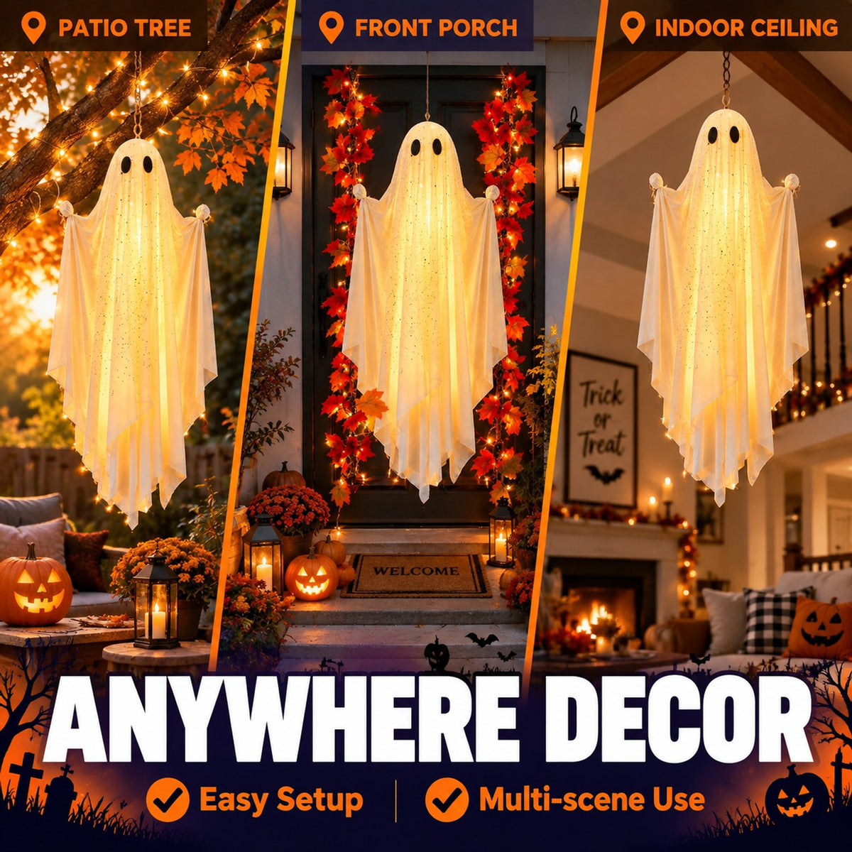 Hanging Light Up Ghost Decor with Remote LED Swing 5.3 ft