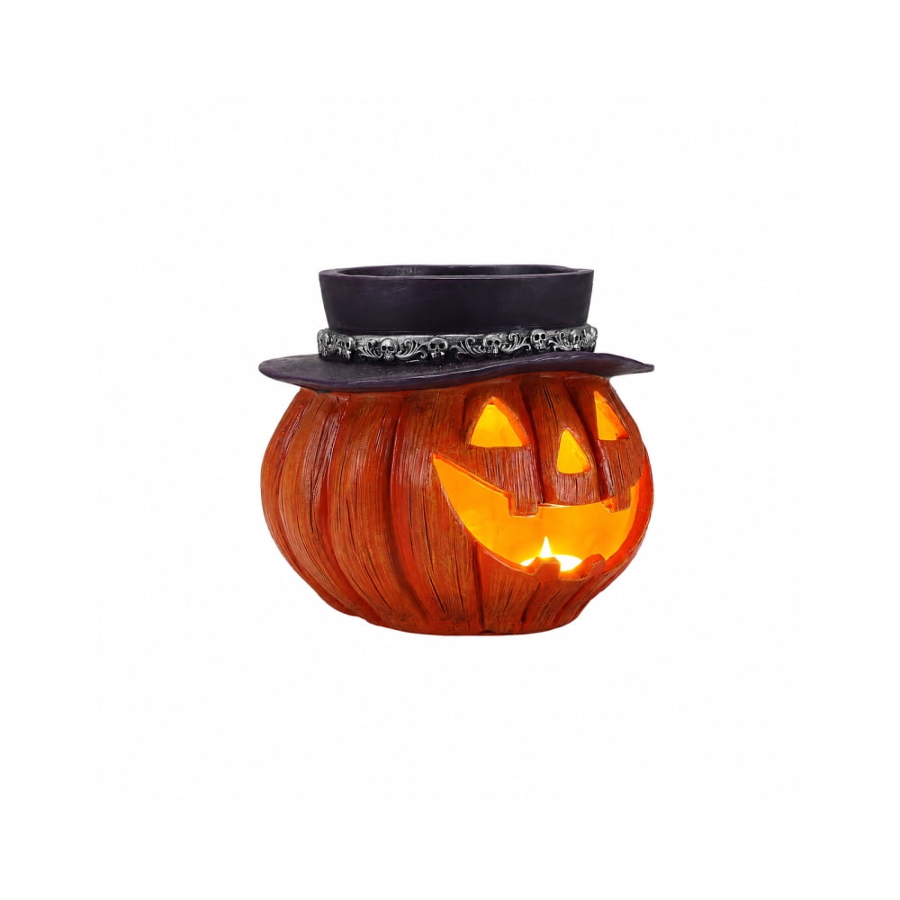 Light Up Pumpkin Candy Bowl with Witch Hat, LED Jack O Lantern Tabletop Decor, Spooky Resin Storage Container for Home Halloween Party